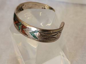 lot 122 image: Southwestern Turquoise and Coral Mosiac Cuff Bracelet  JN