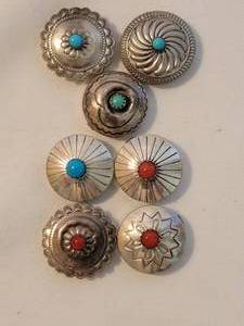 lot 131 image: Southwestern Turquoise and Coral Silver Button Covers