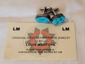 lot 128 image: Turquoise Silver Cuff Links by Navajo Artist Louis Montoya