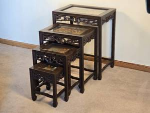 lot 227 image: Gorgeous Vintage Chinese Nesting Tables with Polished Jade Shadowbox Decoration