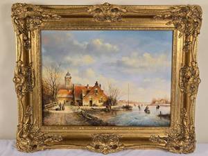 lot 52 image: Stunning Original Fine Art Oil Landscape Painting - Leon Arie Feyen - Dutch Winter Scene