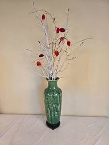 lot 256 image: Stunning East Asian Floral Drip Glaze Vase - Sea Green
