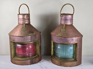 Vintage Copper Port/Starboard Marine Navigational Lantern Pair - Seahorse G.B.