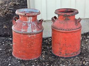 lot 308 image: Rustic Vintage Red Painted Milk Can Pair