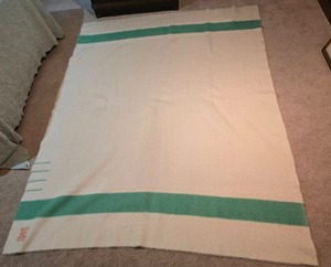 lot 51 image: Hudsons Bay Point Blanket - 100% Wool - Green Stripes