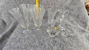 lot 60 image: Crystal Creamer, Vase, Glasses, Candleholders, Poland, Yugoslavia, and Italy Glass