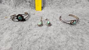 lot 103 image: Turquoise and Silver Cuff Brcelet, Turquoise Earrings, Turquoise and Silver Cuff Bracelet