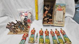 lot 8 image: Cardboard SoldiersPoker ChipsVintage Wood Dominos