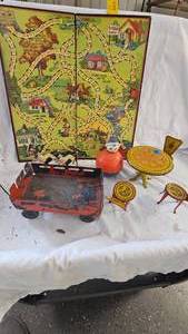 lot 36 image: Vintage Toy Table Set,Roly Poly, Wagon and Goats