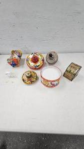 lot 54 image: Vintage Metal Tops, Toy Cash Register, Mayflower Sew Box