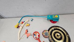 lot 56 image: Vintage Toy knocker, Top, Tyco Blocks, Fisher Price Mobile