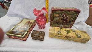 lot 61 image: Fenton Vase and Storage BoxesTin