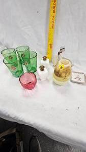 lot 65 image: Hand Painted Glasses, Salt and Pepper, Fenton Potpourri Jar