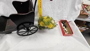 lot 68 image: Cast Iron Wheeled Cart, Metal Wheelbarrow, Small Porcelain Dolls