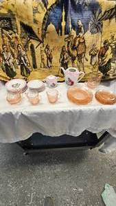lot 88 image: Pink Depression Cherry Blossom Dishes, Tea Set Dishes, Wall Hanging