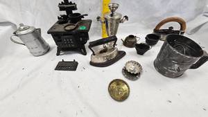 lot 93 image: Cast Iron Minature Stove, Sifters. Vintage Irons