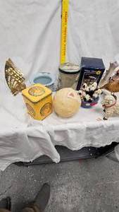 lot 118 image: Small Enamal Pot, Tin, Sheep, Bark Bird, Figurines