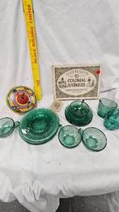 lot 107 image: Minature Teddy Bear Book Set, Vintage Party Invites, Jeanette Glass Dishes, Teal Pansy