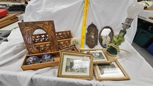 lot 122 image: Snow Globes, wood box, pitchers