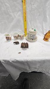 lot 140 image: Wood Toad, Bear Figure, Bear Bottle, Red Wing Waterer