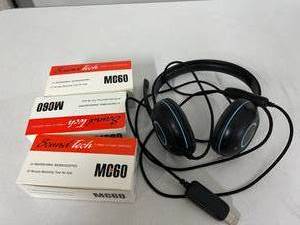 lot 25 image: Lot of Cyber Acoustics USB Headset Headphones with Mic and 3 New In Box SoundTech MC60 60 Minute Microcassettes 