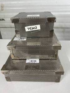 lot 28 image: $$$ Lot of 3 Mixed Sized Phelan Stainless Steel Perforated Sterilization Basket Trays - Good Condition
