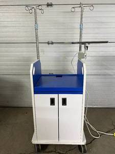 lot 46 image: Medical Supply Cart Cabinet with I.V. Poles and Thoratec Power Conditioning Unit - In Great Condition