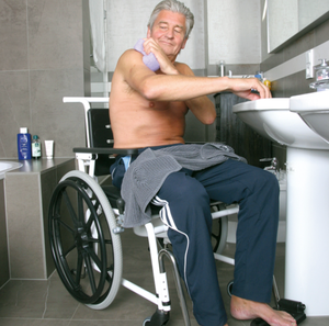 lot 37 image: MSRP $1800 Combi 201930314 Self-Propelled Shower Bath Physical Therapy Pool Commode Wheelchair - In Great Condition Footrests Discarded