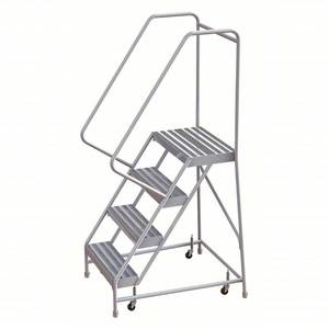 lot 10 image: MSRP $800 Ballymore Industrial Grade Rolling 4 Step Ladder - 40 Platform Height, 14 Platform Deep, 16 Platform Wide, Ribbed, 22 Bottom Wide - In Great Condition