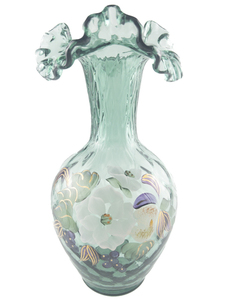 lot 28A image: 1996 FENTON Spruce Green Hand Painted Magnolia & Berry Ruffle Vase #1067