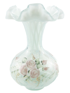 lot 28B image: 1996 FENTON Opaline Hand Painted Blush Rose Vase. Signature Series (Limited Edition #419)