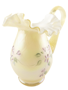 lot 30A image: FENTON Yellow Opalescent Hand Painted Floral Ruffle Edge Pitcher