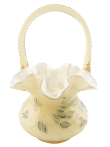 lot 30B image: 1997 FENTON Yellow Opalescent Hand Painted Mountain Berry Ruffle Edge Basket.&nbspSignature Series. (Limited Edition #7)