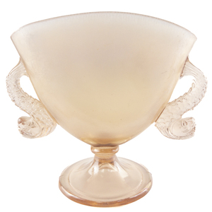 lot 33E image: FENTON Velva Rose Iridescent Dolphin Handle 6 Fan Vase