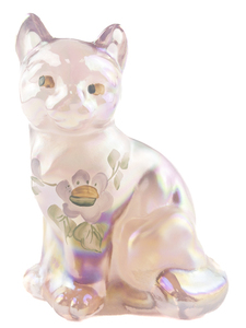 lot 38A image: FENTON Pink Carnival Hand Painted Floral Sitting Cat Figurine