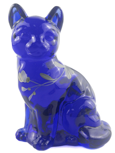 lot 38K image: FENTON Cobalt Blue Hand Painted Floral Sitting Cat Figurine