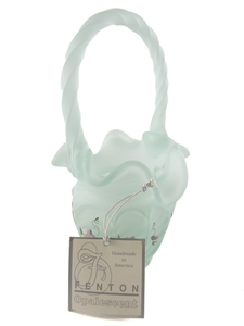 lot 28I image: FENTON Sea Mist Green Opalescent Hand Painted Floral Basket