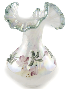 lot 28K image: FENTON French Opalescent Spiral Optic with Cape Cod Green Edge & Azalea Pattern Hand Painted Floral Glass Ruffle Vase