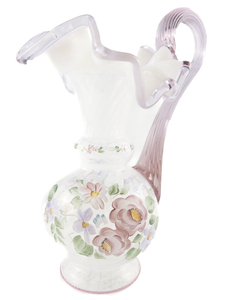 lot 28L image: 1996 FENTON Opalescent Dusty Rose Hand Painted Ruffed Commemorative Pitcher