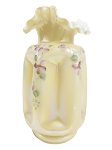 lot 32R image: FENTON Yellow Overlay Iridescent Hand Painted Floral Pinch Vase -Signature Series