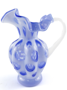 lot 36D image: FENTON Blue Opalescent Coin Dot Glass Ruffle Pitcher