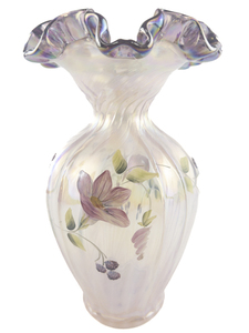 lot 37F image: FENTON Pink Spiral Optic Lilac Rimmed Hand Painted Floral & Hummingbird Ruffle Vase