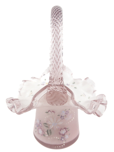 lot 37H image: 1996 FENTON 7 Dusty Rose Overlay Hand Painted Floral Ruffle Basket (Limited Edition #673)