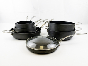 lot 6 image: Set of 9 TECHNIQUE Hard-Anodized Nonstick Pans