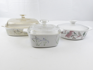 lot 10 image: Lot of 3 Vintage Floral Corningware Cassrole Baking Dishes with Lids