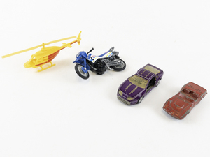 lot 88J image: Group of 4 Die Cast Models -Helicopter, Cars, Motorcycle