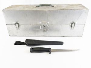 lot 112 image: Vintage Heavy Duty Metal Tackle Box & NORMARK Stainless Steel Fillet Knife with Plastic Sheath