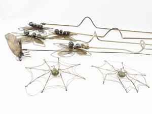 lot 19C image: Group of 5 Rustic Metal Garden Stake Decorations & Two Bronze Hanging Spider Web Hanging Decorations