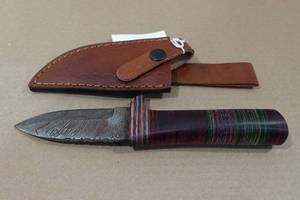 lot 19 image: Damascus Style Steel Hunting Knife with Custom Wood Handle