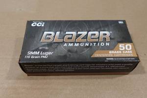lot 128 image: 50 CCI Blazer Brass 9mm Luger 115 Gr FMJ Ammo